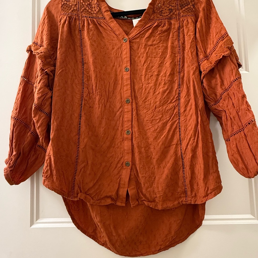 Knox Rose Rust Orange Button-Front Peasant Blouse